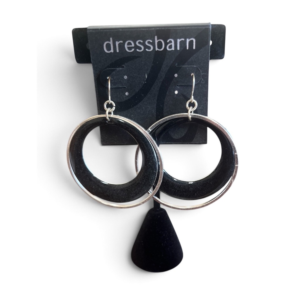 Dressbarn Vintage Black Resin Silver Tone Double Hoop Earrings Retro Statement